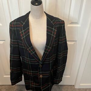 Men's Navy Plaid Blazer - Classic Two-Button Jacket size L 100% Wool